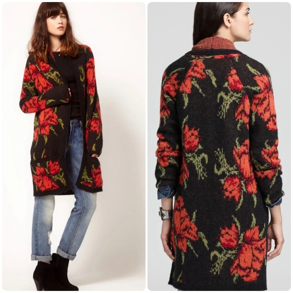 Free People Womens Floral Rose Boho Grunge Longline Flower‎ Power Cardigan XS